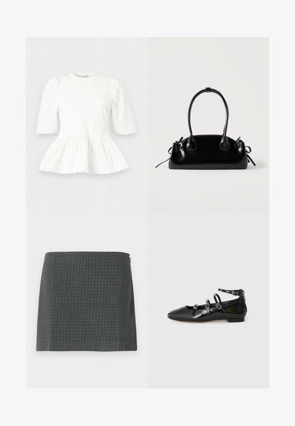 Blouse blanche avec manches bouffantes mi-longues jusqu'au coude, taille froncée et bords festonnés aux manches et à l'ourlet, présentée sur un fond uni.; Jupe en damier noir et blanc en tissu à la texture lisse. Présente une silhouette droite et une fermeture éclair sur le côté.; ALDO NELTA - Ballerines - black; Petit sac à main noir brillant avec deux longues anses et des détails à cordon sur les côtés sur un fond clair uni.