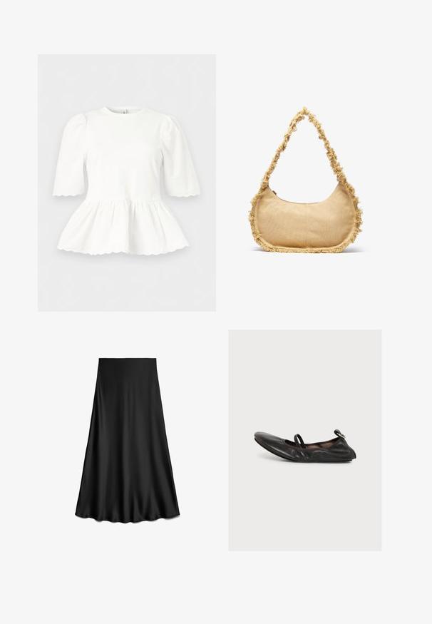Blusa blanca con mangas abullonadas hasta el codo, cintura fruncida y bordes festoneados en las mangas y el dobladillo, mostrada sobre un fondo liso.; Falda negra de satén en línea A con textura suave y dobladillo fluido, hasta la rodilla, mostrada sobre un fondo blanco.; Zapato plano de cuero negro con punta redonda, tira elástica en la parte superior y pequeño detalle de hebilla en el talón, mostrado de perfil sobre fondo blanco.; Bolso beige texturizado con forma redondeada, con un borde deshilachado a lo largo de los lados y una correa corta para llevar. Apertura con cremallera en la parte superior.