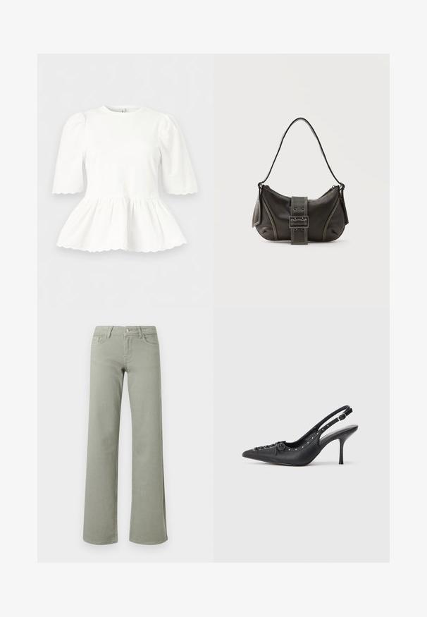 Blouse blanche avec manches bouffantes mi-longues jusqu'au coude, taille froncée et bords festonnés aux manches et à l'ourlet, présentée sur un fond uni.; Pantalon droit taille haute vert clair avec ceinture, bouton, fermeture éclair, et poches avant et arrière sur fond blanc.; Escarpin en cuir noir à talon aiguille avec un bout pointu, une bride latérale à boucle, des clous le long du bord et un laçage décoratif à l'avant.; Sac à épaule en cuir noir avec une sangle à boucle, des bords arrondis et des coutures blanches contrastées sur un fond uni.