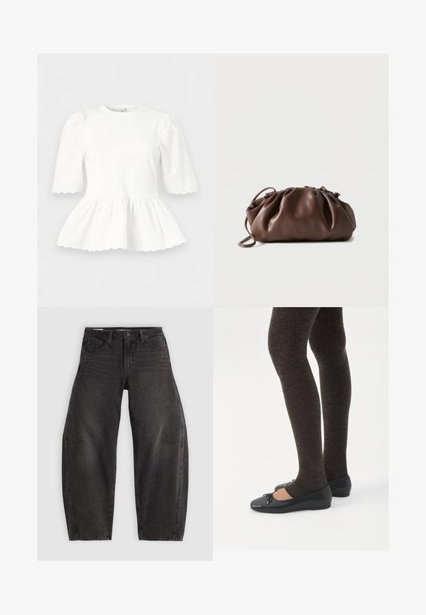 Witte blouse met opgeblazen ellebooglange mouwen, een getailleerde taille en gegolfde randen aan mouwen en zoom, weergegeven tegen een effen achtergrond.; Zwarte denim jeans met een relaxed fit, voorzien van vijf zakken, een knoopsluiting en subtiele vervaging. De stof heeft een soepele, stevige textuur.; Benen met donkere geribbelde leggings gecombineerd met zwarte ballerina's met kleine strikdetails op een witte achtergrond.; Zachte bruine leren tas met samengevouwen bovenkant en smalle riem, liggend op een witte achtergrond.
