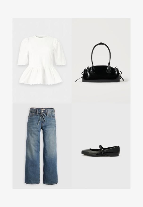 Blouse blanche avec manches bouffantes mi-longues jusqu'au coude, taille froncée et bords festonnés aux manches et à l'ourlet, présentée sur un fond uni.; Jeans large en denim bleu claire, avec une taille élastique à cordon de serrage, deux poches avant et un léger dégradé pour ajouter de la texture.; Ballerines en cuir noir avec un bout arrondi, une semelle plate et une fine sangle ajustable sur le cou-de-pied avec une boucle en métal.; Petit sac à main noir brillant avec deux longues anses et des détails à cordon sur les côtés sur un fond clair uni.