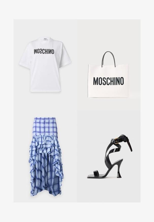 Biele tričko s krátkym rukávom s čiernym zrkadlovým textom "MOSCHINO" potlačeným na hrudi a malou štítkou na krku s názvom značky.; Modrá kockovaná sukňa s vrstvenými volánmi, ktorá obsahuje rôzne odtiene modrej a modro-biele kockované vzory. Ľahký materiál, dĺžka sukne po členky.; Čierne lakované sandále na vysokom podpätku so štvorcovou špičkou, popruhom okolo členka a zlatou pribinou na bielom pozadí.; Biela obdĺžniková taška s čiernymi rukoväťami a veľkým čiernym textom "MOSCHINO" na prednej strane na čisto farebnom pozadí.