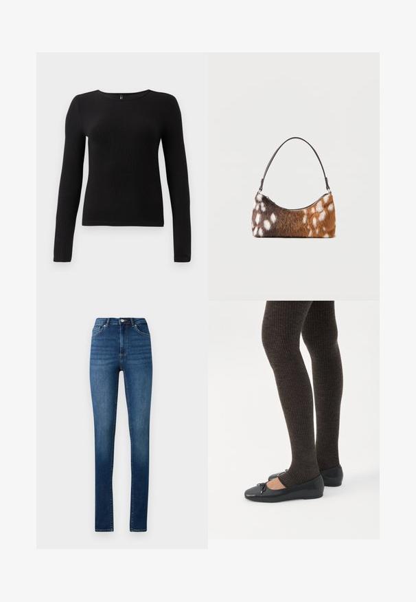 Zwarte geribbelde langemouwen top met een ronde halslijn en een aansluitende silhouet. De stof lijkt zacht en tekstuurlijk met een subtiele stretch.; Hoge taille skinny jeans in medium blue denim met klassieke vijf-pocket stijl en knoopsluiting.; Benen met donkere geribbelde leggings gecombineerd met zwarte ballerina's met kleine strikdetails op een witte achtergrond.; Schoudertas met bruin-witte gevlekte nepbont en een dunne zwarte riem, weergegeven op een witte achtergrond.
