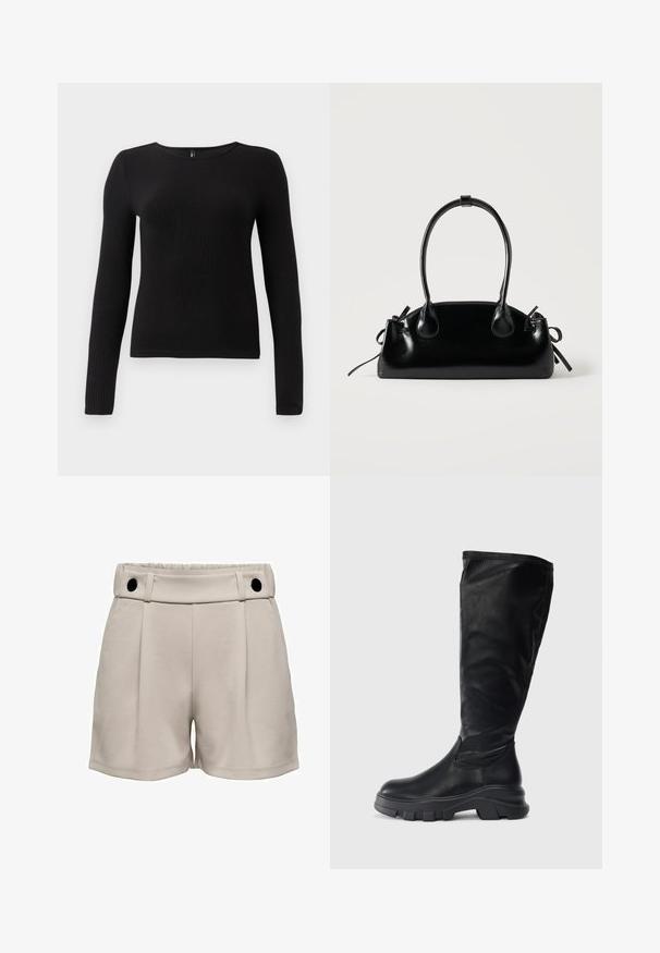 Haut noir à manches longues côtelé avec un col rond et une silhouette ajustée. Le tissu semble doux et texturé avec une légère élasticité.; Shorts beige clair avec taille haute, devant plissé et deux boutons noirs à la taille. Texture douce et design décontracté.; Bottes noires montantes en cuir lisse, dotées d'une semelle en caoutchouc épaisse avec une adhérence texturée et un design épuré.; Petit sac à main noir brillant avec deux longues anses et des détails à cordon sur les côtés sur un fond clair uni.