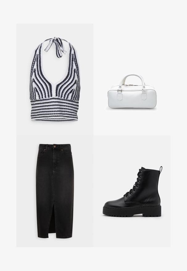 Hollister Co. SUM BARE HALTER - Toppi - navy/white; Musta farkkusati, polvenpituinen, jossa on etusauma, tavallinen vyötärö ja kuparinsävyiset napit. Silkkinen rakenne, klassinen muotoilu.; Musta nahkainen nilkkuri paksulla, teksturoidulla pohjalla, pyöreällä varpaalla ja metallisilla silmukoilla nauhoja varten. Taakse on lisätty vetoketju.; Valkoinen nahkalaukku, jossa on pyöreät kahvat, suorakulmainen muoto ja kontrastiväriset ompeleet. Varustettu vetoketjukiinnityksellä ja hopeanvärisillä yksityiskohdilla.