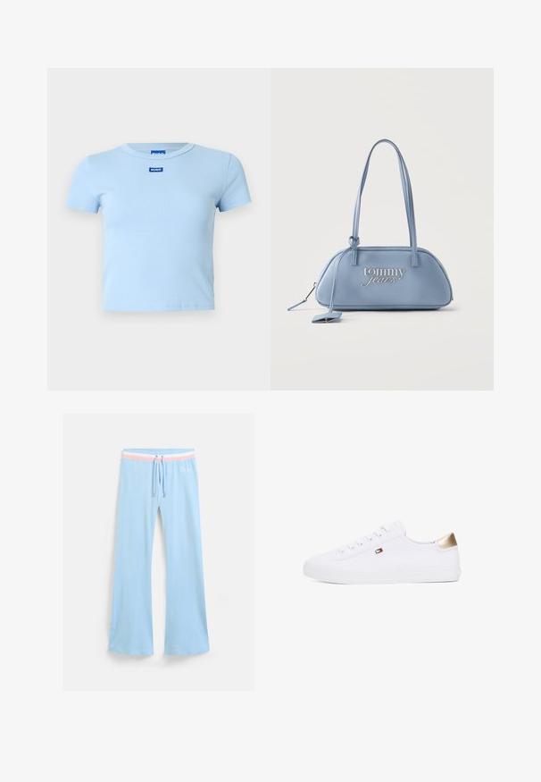 Lyseblå ribstrikket t-shirt med korte ærmer og rund halsudskæring. Har en lille blå "HUGO"-logo på forsiden, minimalistisk design.; Lyseblå, flagrende sweatpants med snor i taljen. Har en pink og hvid stribet accent samt broderet logo. Blød stoftekstur.; Hvide kanvas sneakers med rund tå, snørebånd fortil, og et gyldent detalje på hælen. Har et lille emblem på siden.; Lys blå Tommy Jeans håndtaske med lange stropper, rundet rektangulær form og synlig lynlås med trække.