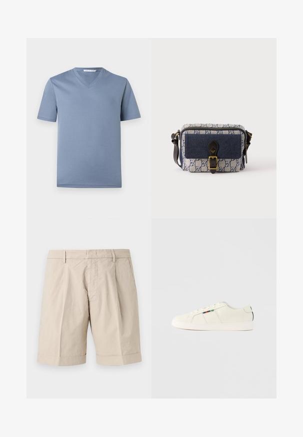 T-shirt à manches courtes, col en V de couleur bleu clair avec une texture de tissu lisse et une étiquette "Tiger of Sweden" à l'intérieur du col.; Shorts beige jusqu'au genou avec passants de ceinture, poches latérales, plis sur le devant et ourlet retroussé.; Baskets beige clair à texture lisse, design à lacets et accent rayé coloré sur le côté. Semelle en caoutchouc blanche. Arrière uni.; Petit sac bandoulière rectangulaire bleu et blanc à motif, avec poche avant bleu marine, sangle en cuir noir avec boucle et bandoulière réglable.
