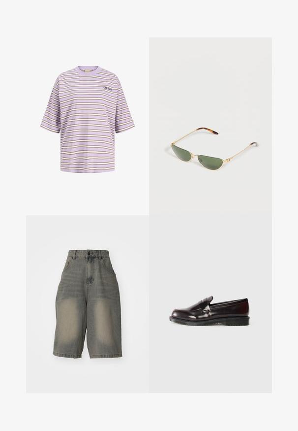 Lilla kortærmet T-shirt med beige og hvide horisontale striber og lille "Off Limits"-logo på venstre bryst.; Jaded London LIGHT WASH JUMBO JORTS - Denimshorts - light wash; Bordeaux læder loafers med en glat overflade, en hævet sømdetalje og en gummisål. Designet med en rund tå og minimal hardware.; Slanke solbriller med gyldent metalstel, grønne katteøje-linser og skildpaddemønstrede ender på hvid baggrund.