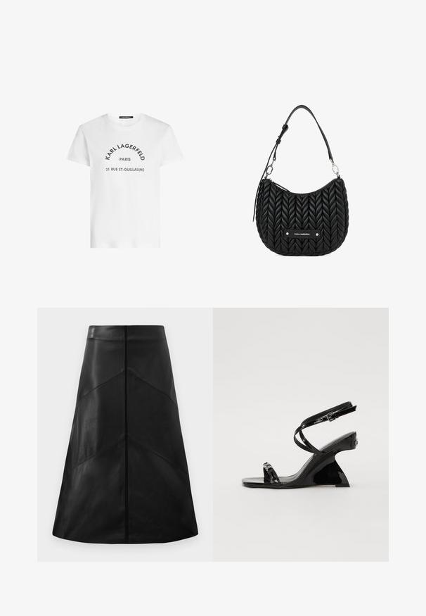 T-shirt blanc à manches courtes avec texte noir indiquant "KARL LAGERFELD PARIS 21 RUE ST-GUILLAUME" sur le devant.; Jupe en cuir noir en forme A avec une texture lisse, arborant des motifs de coutures géométriques et une fermeture éclair dissimulée à l'arrière.; Sandale compensée en cuir verni noir avec un design élégant, à bout ouvert, des fines lanières à la cheville et une boucle décorative.; Sac hobo noir en cuir avec une texture tressée, une fermeture magnétique et une plaque logo en argent à l'avant. Bandoulière réglable incluse.