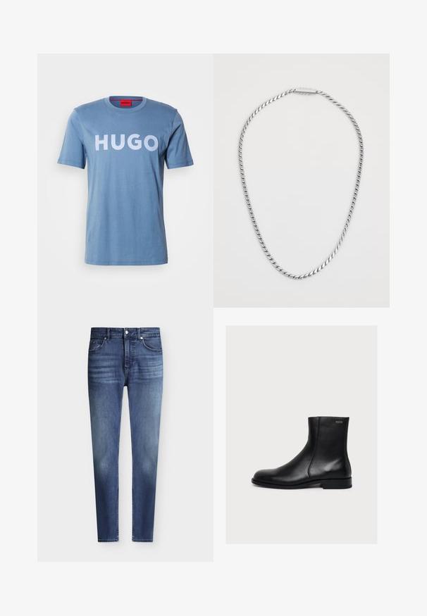 Helles blaues Baumwoll-T-Shirt mit kurzen Ärmeln, mit einem großen weißen "HUGO"-Logo auf der Vorderseite. Einfacher Rundhalsausschnitt, glatte Textur.; Herren Slim Fit blaue Denim-Jeans mit klassischem Fünf-Taschen-Stil und leichter Verfärbung an Oberschenkeln und Knien, Knopf- und Reißverschluss.; Schwarzer, glatter Lederknöchelstiefel mit niedrigem Absatz und seitlichem Reißverschluss, mit Hugo nahe dem oberen Rand beschriftet.; Silberne, verdrehte Kettenhalskette mit glatter Oberfläche, die ein einfaches Verschlussdesign aufweist. Die Kette hat eine einheitliche Dicke.