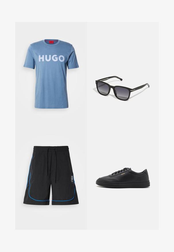 Camiseta de algodón azul claro con mangas cortas, que presenta un gran logotipo blanco "HUGO" en la parte delantera. Cuello redondo sencillo, textura suave.; Bañador negro con cordón en la cintura, que presenta piping azul a lo largo de las costuras y un logo en el muslo izquierdo. Tejido ligero.; Zapatillas de cuero negro con una textura suave, punta redondeada, suela plana de goma y cordones a tono. Presentan el logotipo dorado "BOSS" en el lateral.; BOSS Gafas de sol - black