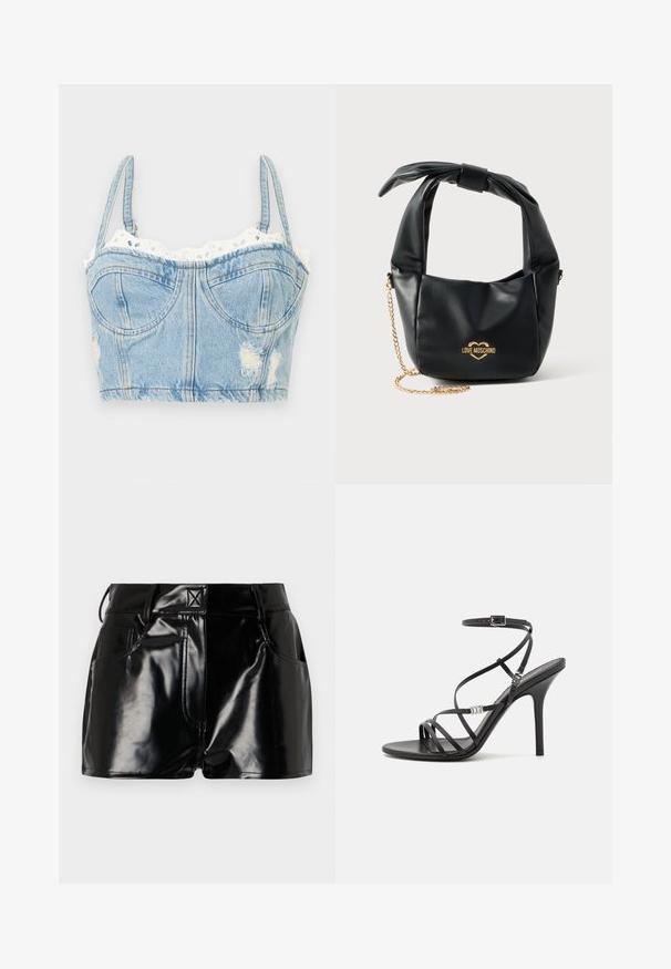 Blå denim kort bustiertop med justerbare stropper, skåle med bøjle, frynsete kanter og hvid øjlet blonderkant langs halsudskæringen.; Sorte, blanke shorts lavet af syntetisk materiale. Har en tætsiddende talje, bælteslaufer og forlommer med fremtrædende stikninger.; Sort højhælet sandal med tynde stropper, en ankelspænde, en glat læderoverflade og en slank stilethæl.; Sort blød læder Love Moschino håndtaske med knyttet håndtag og guldkæde-strop på hvid baggrund.