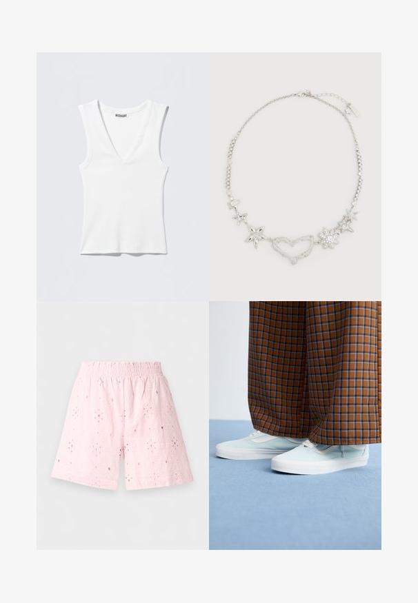 Witte geribde mouwloze tanktop met V-hals en WEEKDAY-merklabel aan de binnenkant van de hals, plat gelegd op een lichte achtergrond.; Lichtroze short met elastische tailleband, met een geborduurd bloemrijk eyelet-patroon en losse pasvorm.; Lichtblauwe sneakers gedragen met bruine en blauwe geblokte wijde broekspijpen op een lichtblauw tapijt.; Zilverkleurige metalen ketting met ster- en bloemmotieven, voorzien van een hartvormig accent, versierd met heldere kristallen en een sluiting met een karabijnhaak.