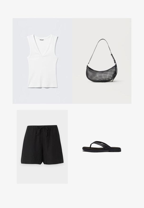 Camiseta sin mangas blanca con cuello en V y canalé, con etiqueta de la marca WEEKDAY en el interior del cuello, extendida sobre un fondo claro.; Pantalones cortos casuales negros con cintura elástica y cordón, fabricados con tela ligera, mostrados sobre un fondo liso.; Chancla negra con suela de goma de textura suave y correas sintéticas elegantes. El diseño incluye un hardware minimal y un perfil bajo.; Pequeño bolso de hombro negro de malla con forma de media luna y correa fina ajustable, sobre un fondo claro y liso.