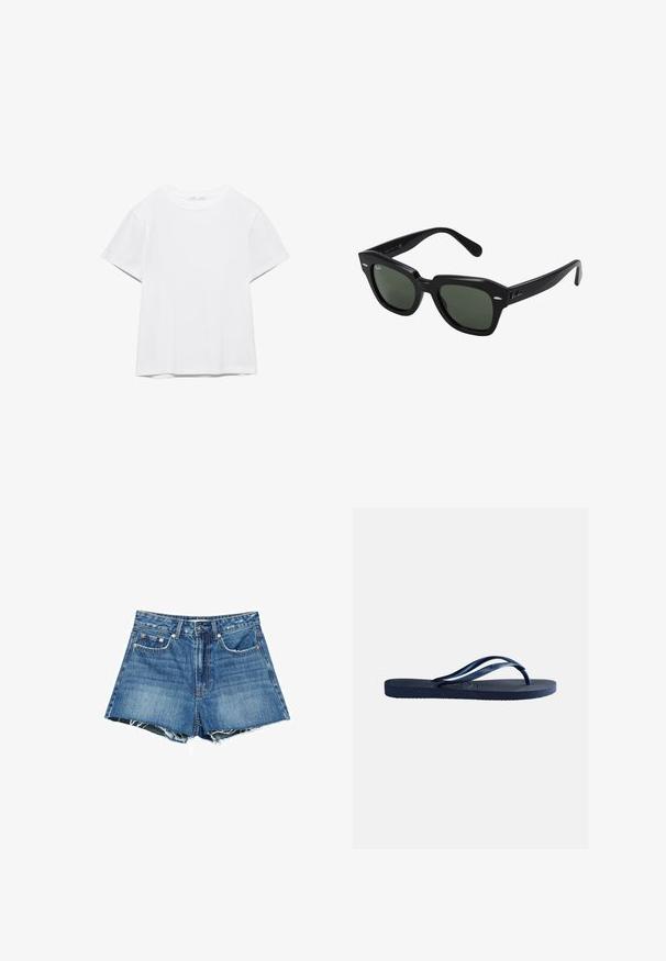 T-shirt blanc uni à manches courtes et col rond, avec un ourlet droit, présenté sur un fond blanc.; Shorts en denim bleu moyen avec un ourlet effiloché, dotés de cinq poches, passants de ceinture, et des détails en boutons et rivets de couleur cuivre.; Tongs en caoutchouc bleu marine avec semelle texturée et brides en forme de Y, isolées sur un fond gris clair uni.; Lunettes de soleil carrées noires avec des verres vert foncé, présentant des montures audacieuses et des accents argentés sur les côtés. Fabriquées en Italie.