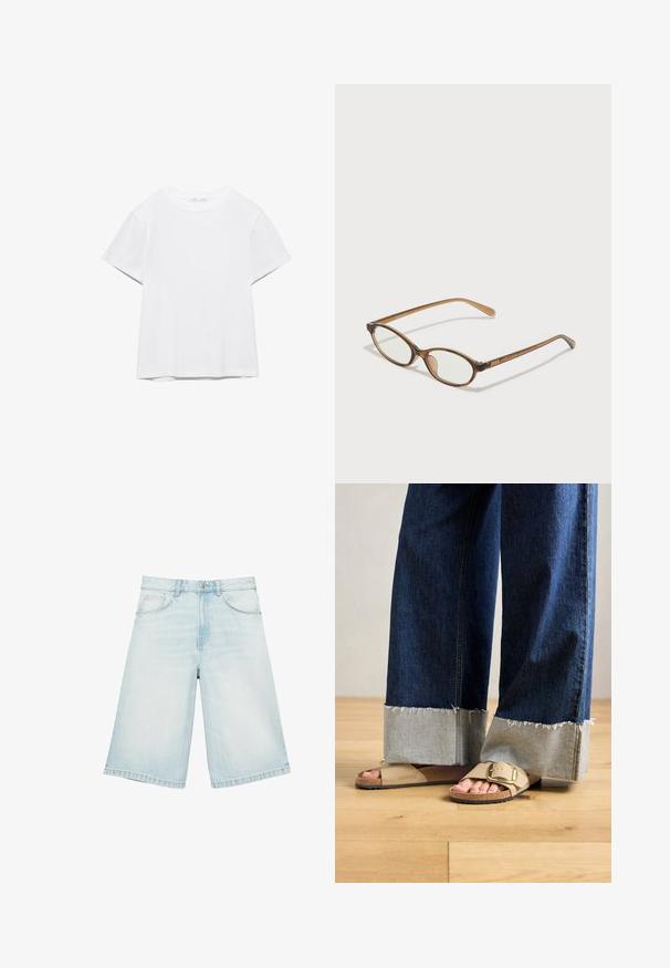 Effen wit T-shirt met korte mouwen en ronde hals, met een rechte zoom, gepresenteerd tegen een witte achtergrond.; Lichtblauwe denim bermuda met voorzakken, ceintuurlussen en een knoopsluiting, plat neergelegd op een witte achtergrond.; Voeten in beige Birkenstock-sandalen met gouden gespen, gecombineerd met donkerblauwe denimspijkerbroeken die bij de boorden opgerold zijn, staande op een houten vloer.; Bruine schildpadbril met ovale lenzen, dunne armen en transparante accenten. Heeft een subtiele logo op de tempel. Strak, lichtgewicht ontwerp.