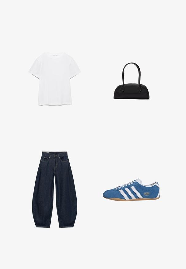 Effen wit T-shirt met korte mouwen en ronde hals, met een rechte zoom, gepresenteerd tegen een witte achtergrond.; Donkerblauwe denim jeans met wijde pijpen, voorzakken, riemlussen en een knoopsluiting in de taille.; Blauwe suède sneakers met witte leren strepen, met een ronde neus, gumrubberen zool en gouden "adidas TOKYO" branding aan de zijkant.; Zwarte leren handtas met lange afgeronde handvatten en een gebogen rechthoekige vorm, voorzien van een ritssluiting aan de bovenkant.