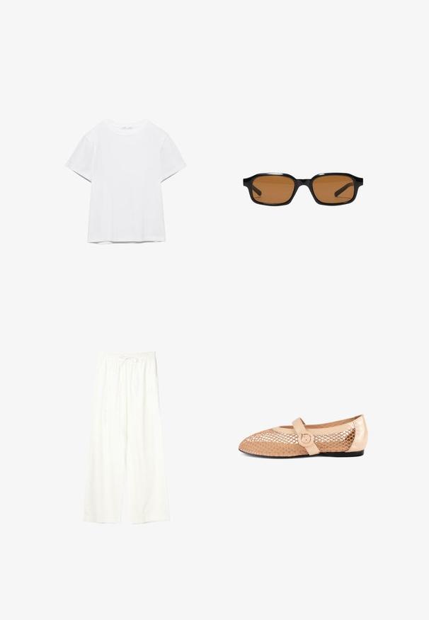T-shirt blanc uni à manches courtes et col rond, avec un ourlet droit, présenté sur un fond blanc.; Pantalon blanc à jambes larges avec taille élastique et cordon de serrage, en tissu léger.; Ballerine en mesh beige avec une bride à boucle circulaire. Présente un dessus en mesh texturé et une finition laquée lisse au niveau du talon.; Lunettes de soleil rectangulaires noires avec des montures épaisses et des verres teintés marron, vues de face sur un fond blanc.