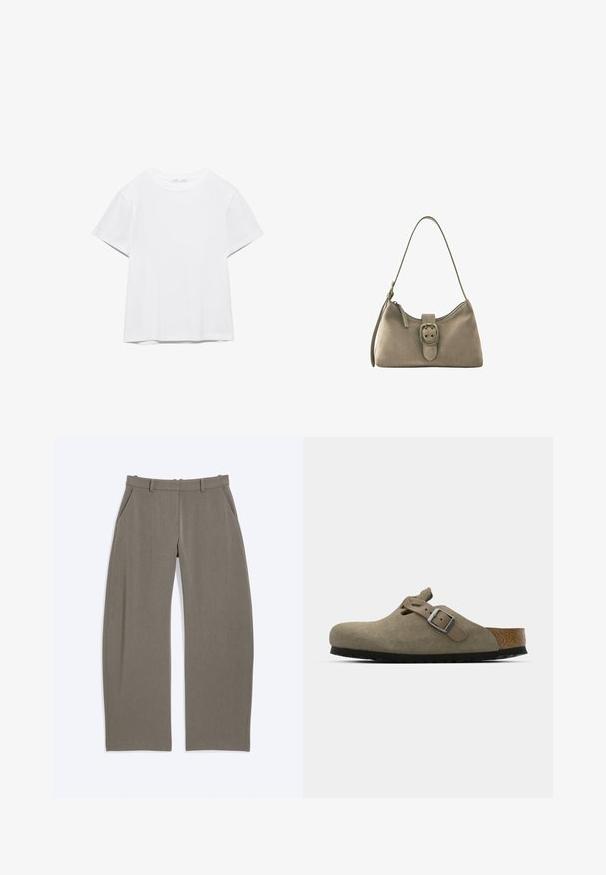 T-shirt blanc uni à manches courtes et col rond, avec un ourlet droit, présenté sur un fond blanc.; Pantalon taupe à jambes droites avec passants de ceinture et poches latérales, posé à plat sur fond blanc.; Sabots en velours côtelé vert olive clair avec une semelle en liège et en caoutchouc moulée. Dispose d'une sangle latérale avec une boucle en métal et d'un bout arrondi.; Petit sac à main taupe avec une bandoulière simple, fermeture éclair supérieure et détail décoratif de boucle à l'avant sur fond blanc uni.