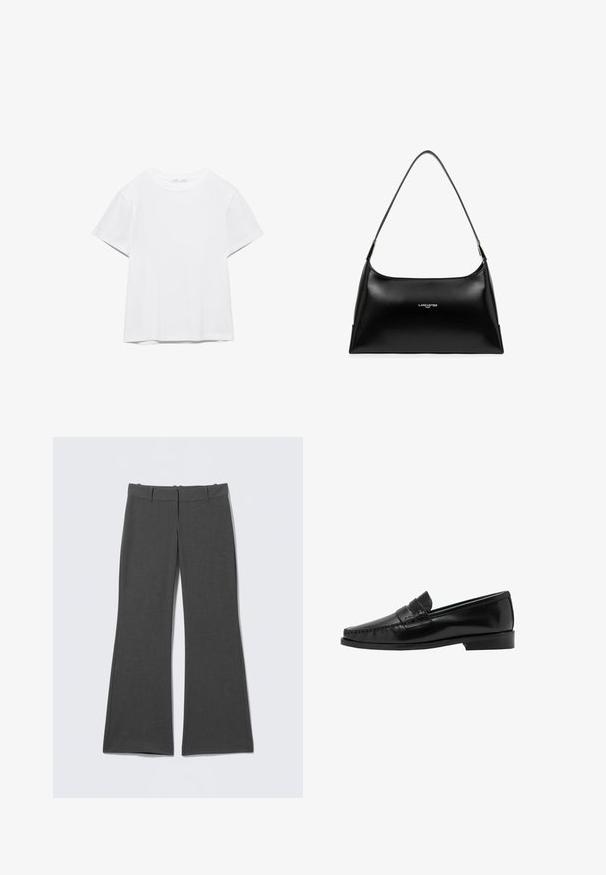 T-shirt blanc uni à manches courtes et col rond, avec un ourlet droit, présenté sur un fond blanc.; Pantalon gris évasé en tissu léger. Il présente une ceinture plate, des coutures discrètes et une texture lisse sans motifs visibles.; Mocassins en cuir noir avec un design de bout cousu et un talon bas. La tige présente une bride décorative. Texture de surface lisse et brillante.; Sac à main en cuir noir avec une texture lisse, une forme incurvée et une seule bandoulière. Présente un logo argenté "Lancaster Paris" à l'avant.