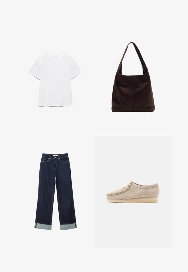 T-shirt blanc uni à manches courtes et col rond, avec un ourlet droit, présenté sur un fond blanc.; Jean large bleu foncé à taille haute, avec des ourlets roulés, des coutures contrastées et un design à cinq poches. Fabriqué en tissu en denim.; Chaussure décontractée en daim beige avec lacets à l'avant et semelle en crêpe, vue du côté extérieur sur un fond clair uni.; Sac à bandoulière en cuir souple marron foncé avec une large sangle et une couture centrale visible à l'avant.