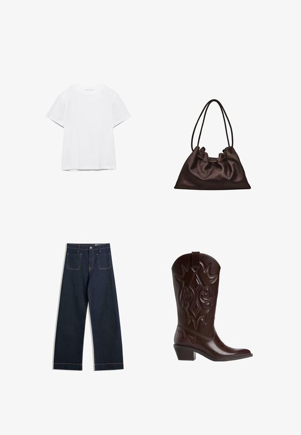 Hvid, kortærmet T-shirt med rund hals og lige kant, vist på en hvid baggrund.; Mørkeblå vide jeans lavet af denim med kontrasterende beige syninger, to baglommer og en knaplukning i taljen.; Brun cowboystøvle i læder med indviklede sømme, spids snude og stablet hæl. Har en træktab i toppen for nem påtagning.; Blød mørkebrun læderhåndtaske med en slasket form og to tynde skulderstropper mod en hvid baggrund.