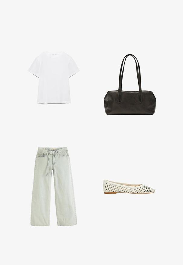 Unifarbenes weißes T-Shirt mit kurzen Ärmeln und Rundhalsausschnitt, gerader Saum, dargestellt auf weißem Hintergrund.; Levi's® XL STRAIGHT - Jeans Relaxed Fit - capers-0040; Weißer flacher Schuh mit spitz zulaufender Zehenpartie und perforiertem Diamantmuster, ausgestattet mit einer niedrigen, hellbraunen Sohle.; Schwarze Leder-Handtasche in rechteckiger Form mit langen, doppelten Schulterriemen und strukturierter Oberfläche, dargestellt vor einem schlichten weißen Hintergrund.