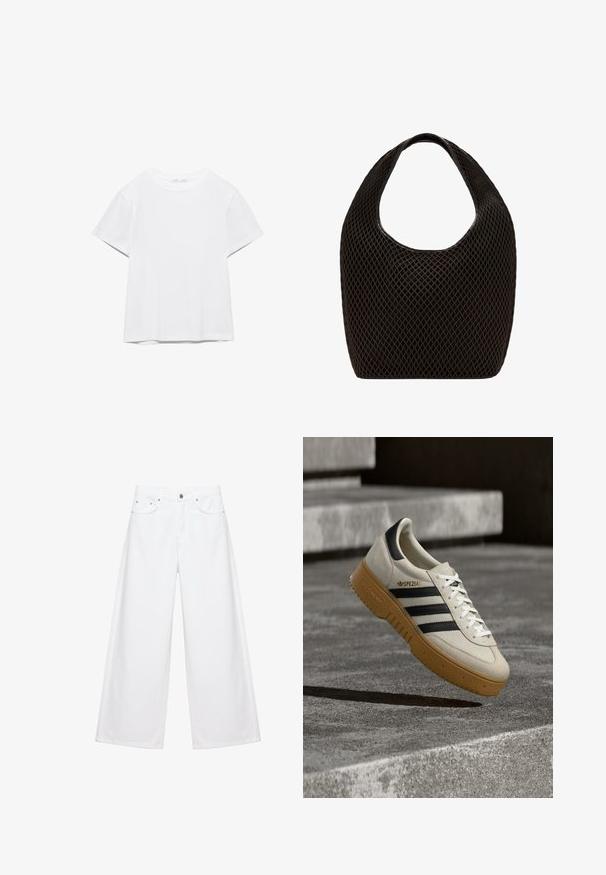 T-shirt blanc uni à manches courtes et col rond, avec un ourlet droit, présenté sur un fond blanc.; Pantalon blanc à jambes larges avec bouton et fermeture éclair à l'avant, passants pour ceinture et deux poches avant, présenté sur un fond blanc uni.; Baskets en daim beige avec des rayures noires, des lacets blancs et une semelle en caoutchouc gomme. Présente un logo "SPEZIAL" sur le côté.; Sac cabas noir en maille à tissage ouvert avec poignée supérieure arrondie et corps large et incurvé.