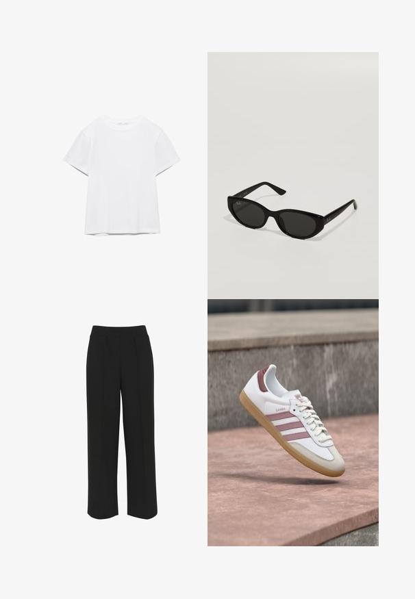 T-shirt blanc uni à manches courtes et col rond, avec un ourlet droit, présenté sur un fond blanc.; Pantalons larges noirs avec une taille plate, comportant des plis à l'avant et une texture lisse. Pas de poches ni de matériel visible.; Baskets blanches et roses Adidas Samba avec semelle en gomme flottant au-dessus d'une surface en pierre et un mur en pierre flou en arrière-plan.; Lunettes de soleil noires avec une forme étroite et en œil de chat. Fabriquées en plastique lisse, elles présentent des verres foncés et de subtils accents de logo sur les branches.