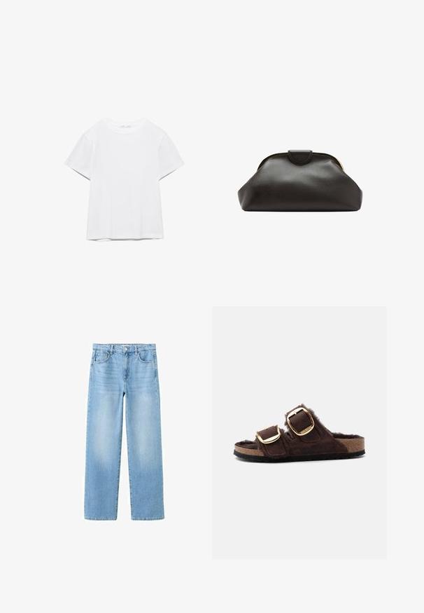 T-shirt blanc uni à manches courtes et col rond, avec un ourlet droit, présenté sur un fond blanc.; Jean en denim bleu clair avec une coupe droite, style cinq poches, passants pour ceinture et légère décoloration pour un look décontracté.; Sandale marron à bout ouvert avec deux boucles dorées réglables et une doublure douce et duveteuse sur une semelle en liège.; Pochette en cuir noir souple avec un cadre arrondi et une petite fermeture à languette en haut au centre.