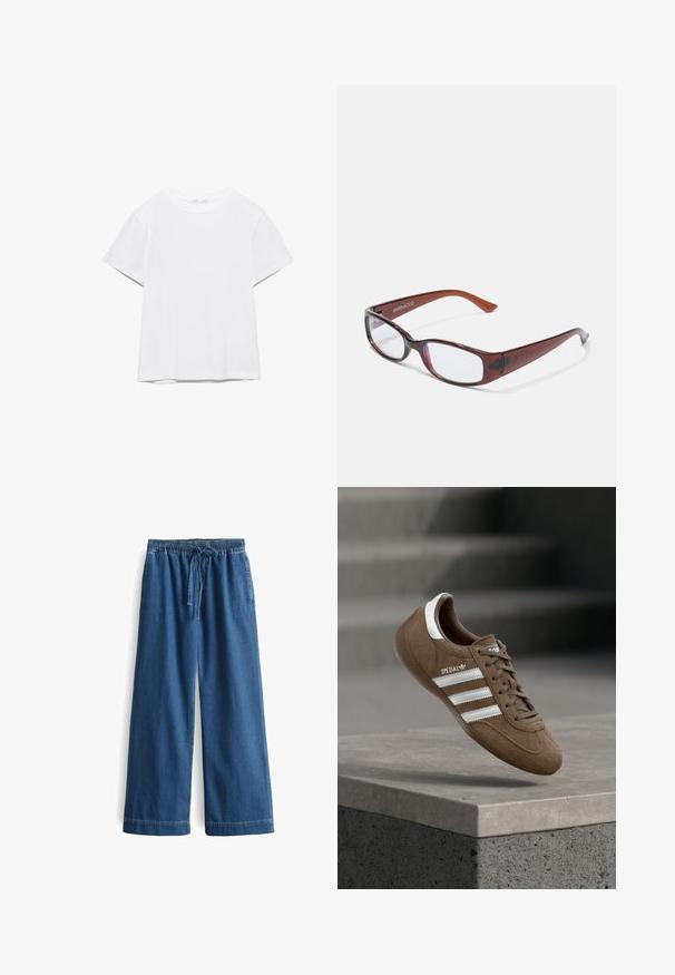 Unifarbenes weißes T-Shirt mit kurzen Ärmeln und Rundhalsausschnitt, gerader Saum, dargestellt auf weißem Hintergrund.; Helle Jeans mit weiter Beinform in Mittelblau. Mit einem elastischen Bund und einem Kordelzug ausgestattet und in einem schlichten Design mit glatter Textur.; Brauner Adidas Spezial Sneaker aus Wildleder mit weißen Streifen und Schnürsenkeln, schwebt über einer grauen Betonkante vor unscharfem Treppenhintergrund.; Braun getönte rechteckige Brille mit glänzender Oberfläche, schlanken Bügeln und transparenten Gläsern. Logo auf dem linken Bügel sichtbar.