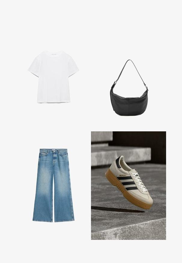Effen wit T-shirt met korte mouwen en ronde hals, met een rechte zoom, gepresenteerd tegen een witte achtergrond.; Wijduitlopende jeans van lichtblauwe denim, met een vervaagde was, twee voorzakken en een standaard knoopsluiting.; Beige suède sneaker met zwarte strepen, witte veters en een zool van gumrubber. Heeft "SPEZIAL" branding aan de zijkant.; Zwarte leren schoudertas in maantjesvorm met verstelbare band en zilveren gespsdetails op een witte achtergrond.