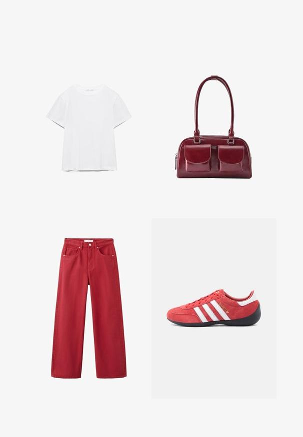 T-shirt blanc uni à manches courtes et col rond, avec un ourlet droit, présenté sur un fond blanc.; Jean rouge taille haute à jambe droite avec passants de ceinture, bouton frontal, fermeture éclair et design à cinq poches.; Chaussure de sport en daim rouge avec motif à trois bandes blanches, semelle en caoutchouc noire et forme minimaliste. Détail du logo doré sur le côté.; Sac à main en cuir rouge foncé avec deux poches avant à rabat et longues bandoulières, présenté sur fond blanc.