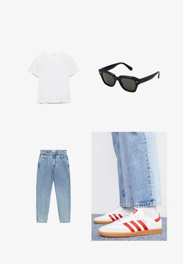 Unifarbenes weißes T-Shirt mit kurzen Ärmeln und Rundhalsausschnitt, gerader Saum, dargestellt auf weißem Hintergrund.; Helle blaue Jeans mit hochsitzt, geradem Bein und Kontrastnähten. Mit vorderen und hinteren Taschen sowie einem Knopfverschluss.; Weiße Leder Sneaker mit roten Streifen und Akzenten. Verfügt über eine strukturierte Gummi-Laufsohle und einen gepolsterten Schaft. Tragen mit hellblauer Jeans.; Schwarze quadratische Sonnenbrillen mit dunkelgrünen Gläsern, ausgestattet mit markanten Rahmen und silbernen Akzenten an den Seiten. Hergestellt in Italien.
