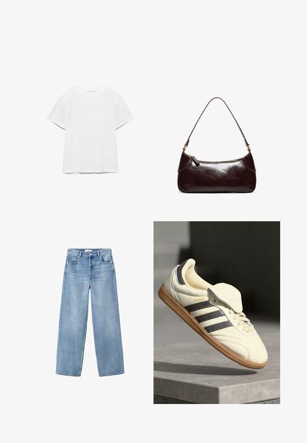 T-shirt blanc uni à manches courtes et col rond, avec un ourlet droit, présenté sur un fond blanc.; Jean denim bleu clair à jambes larges avec poches avant et arrière, passants pour ceinture, et fermeture par bouton et fermeture éclair.; Baskets en cuir crème avec trois bandes sombres, une semelle extérieure en gomme marron et un bout arrondi. Présentent une languette pliable étiquetée "SAMBA."; Sac à bandoulière en cuir marron foncé avec une seule sangle et une fermeture éclair, forme rectangulaire avec des bords arrondis sur fond blanc.