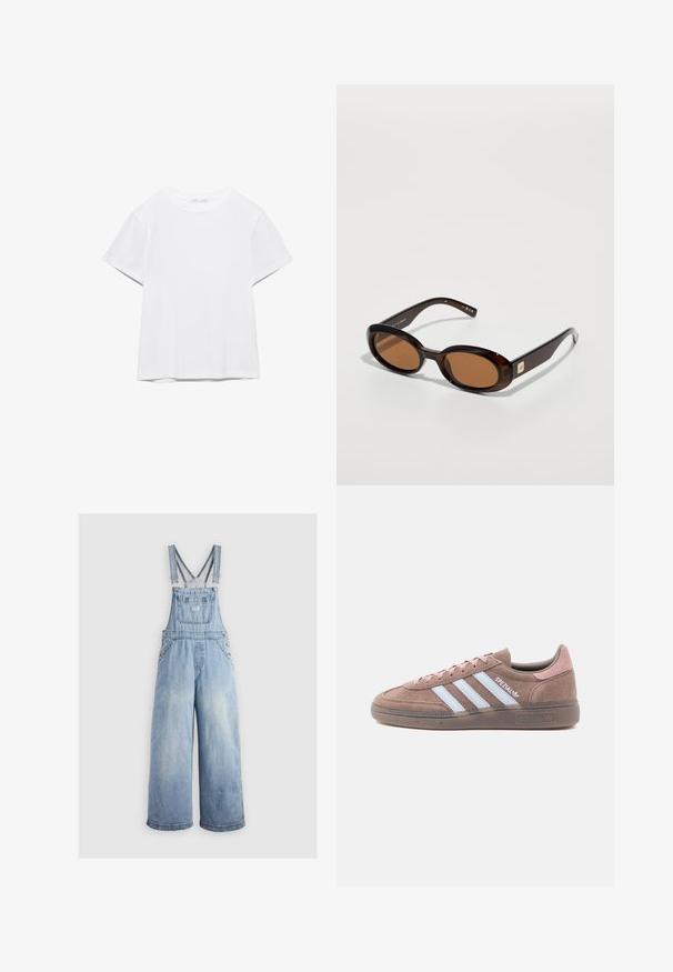 Unifarbenes weißes T-Shirt mit kurzen Ärmeln und Rundhalsausschnitt, gerader Saum, dargestellt auf weißem Hintergrund.; Helleblaue Denim-Latzhose mit weiten Beinen, verstellbaren Trägern, einer Fronttasche und Metallknöpfen an den Seiten. Klassischer Stil mit lockerer Passform.; Brauner Wildleder-Sneaker mit hellrosa Akzenten, drei weißen Streifen, profilierter Sohle und rundem Zehendesign.; Braune Schildpatt-Sonnenbrille mit ovalen Gläsern, ausgestattet mit einem dünnen Rahmen und einem kleinen metallischen Akzent an der Seite. Texturierte und polierte Oberfläche.