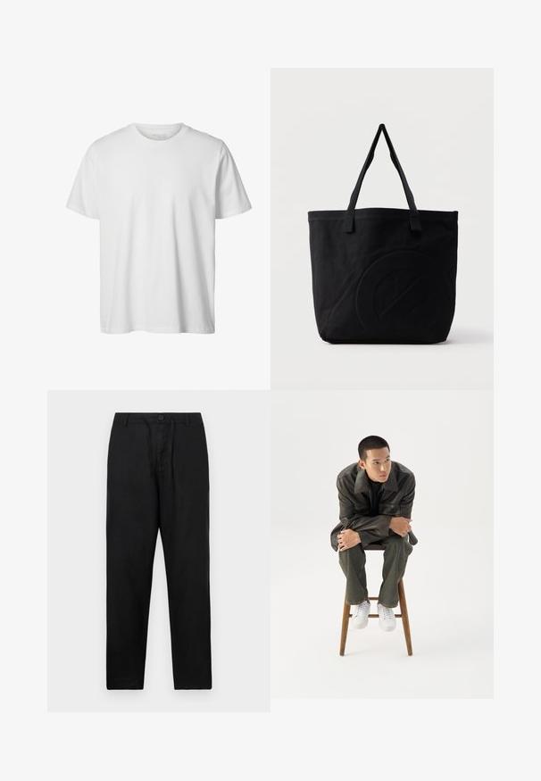 Enkelt hvid T-shirt med korte ærmer og rund hals, løs pasform og uden synlige logoer eller designs foran.; Sorte linnedbukser med lige pasform, som har en knaplukning, justerbar snor og ingen synlige mønstre eller detaljer.; Ung mand i mørk læderjakke og jeans sidder på en træskammel, læner sig fremad med armene krydset og kigger til siden mod hvid baggrund.; Sort canvas-tote-taske med to skulderstropper og et diskret præget cirkeldesign på fronten.