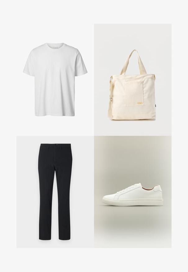 T-shirt blanc uni à manches courtes, col rond, coupe décontractée, sans logos ni motifs visibles à l'avant.; Pantalons noirs à jambe droite en tissu lisse. Présentent une fermeture à bouton sur le devant, des passants de ceinture et deux poches latérales.; Baskets blanches basses avec fermeture à lacets et semelle plate, vues de côté sur un fond neutre.; Sac fourre-tout en toile crème avec poche avant, deux poignées, bandoulière réglable et petit texte jaune "O.N.S" en bas à droite de la poche.