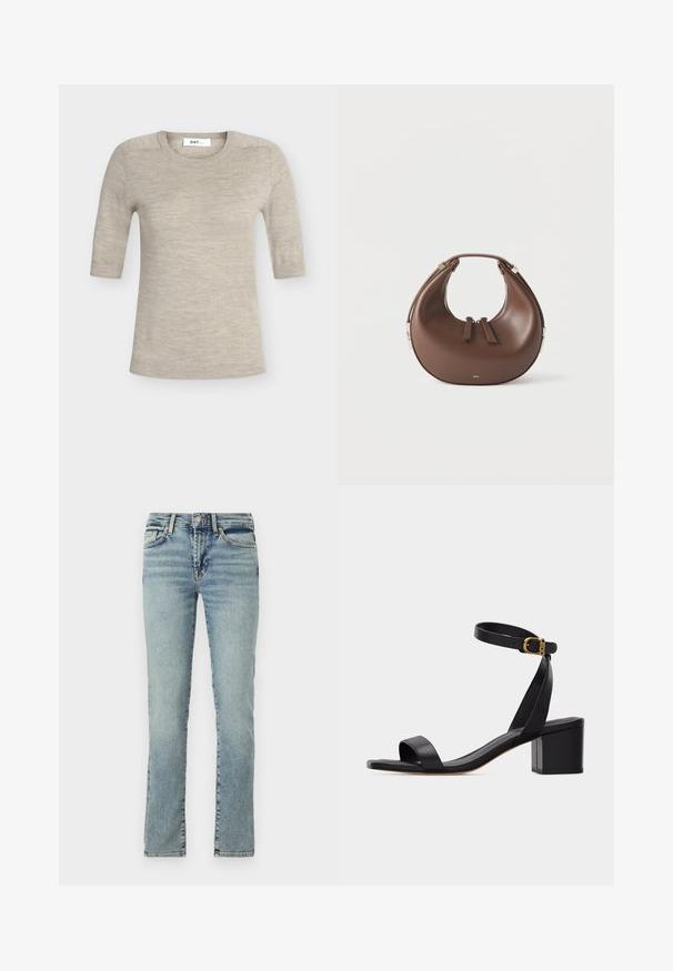 Beiger Kurzarm-Strickpullover mit Rundhalsausschnitt und gerippten Bündchen und Saum, flach auf einem einfarbigen Hintergrund ausgelegt.; Helles blaues Denim-Jeans mit geradem Bein, fünf Taschen und dezenten Verwaschungen. Verfügt über einen Metallknopf und einen Reißverschluss.; Schwarze Sandale mit offenem Zehenbereich, Blockabsatz und Knöchelriemen mit einer kleinen goldenen Schnalle, von der Seite auf neutralem Hintergrund gesehen.; Braune, sichelförmige Lederhandtasche mit einem oberen Griff und zwei Reißverschluss-Schiebern vor weißem Hintergrund.