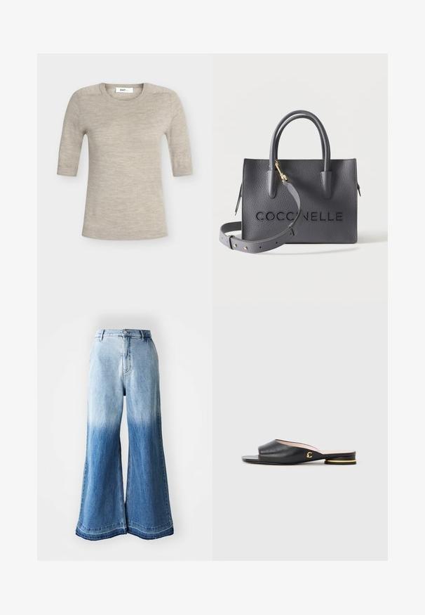 Beige kortermige gebreide trui met ronde hals en geribbelde manchetten en zoom, plat gelegd op een effen achtergrond.; Lichtblauwe denim broek met wijde pijpen, kenmerkend door een vervaagde gradient van licht naar donker, gestikte zoom en vijf zakken.; Zwarte leren slippers met open teen, kleine hak en gouden accentdetail aan de zijkant. Glad oppervlak en minimalistisch design.; Grijze getextureerde leren handtas met bovenhandvatten, afneembare schouderriem en geperste merknaam "COCCINELLE" aan de voorkant.