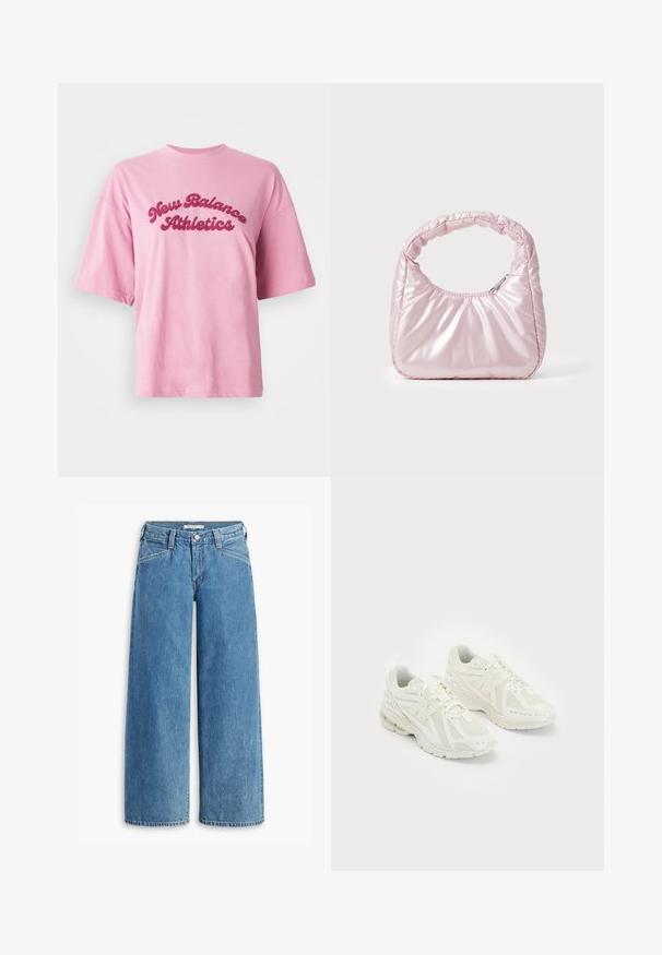 Lyserød kortærmet t-shirt med rund hals, prydet med teksten "New Balance Athletics" i fed rød kursiv på brystet mod en hvid baggrund.; Lysblå bredbenede jeans lavet af denim, med høj talje, fem lommer og en klassisk knaplukning. Lige snit fra lår til kant.; Hvide sportssko i mesh og syntetiske materialer, snørebåndsdesign, polstret krave og tekstureret sål for bedre greb. Letvægts konstruktion.; Rosa, polstret håndtaske med afrundet design, lavet af skinnende materiale. Har et samlet håndtag og en lynlås til sikker adgang.