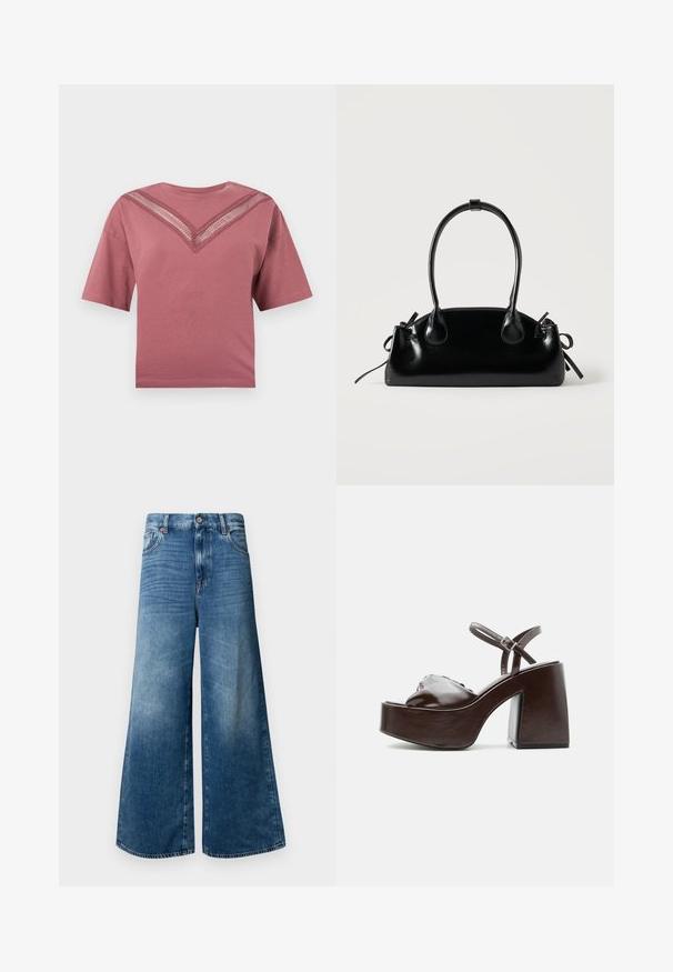 Kortærmet støvet rosa T-shirt med V-formet blonderdetalje hen over brystet og en rund halsudskæring på en ensfarvet baggrund.; Bredde denim jeans i mellemblå med et klassisk fem-lomme design, knaplukning og let falmning for ekstra tekstur.; Mørkebrune læderplatformsandal med chunky blokhæl, åben tå og justerbar ankelrem med metal spænde.; Lille sort blank håndtaske med to lange håndtag og snøre-detaljer i siden på en ensfarvet lys baggrund.