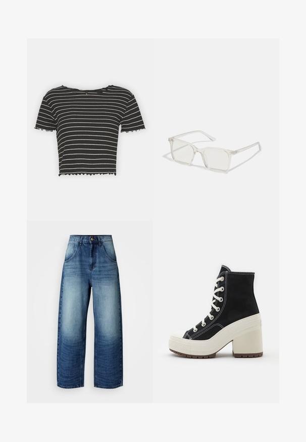 ONLY ONLANITS CROPPED - Μπλουζάκι με στάμπα - black/cloud dancer; Φαρδιές μπλε τζιν παντέλόνες με ένα ελαφρύ προς σκούρο gradient. Διαθέτει μπροστινές τσέπες και κλασικό κλείσιμο με κουμπί. Λείο ύφασμα, άνετη εφαρμογή.; Μαύρη ψηλή μπότες με λευκά κορδόνια, υφασμάτινη επιφάνεια, κρεμ σόλα πλατφόρμας και τετράγωνη τακούνι. Διαθέτει λευκές ραφές και καουτσούκ στην μύτη.; Διάφανα πλαστικά γυαλιά με τετράγωνους σκελετούς και διαφανείς φακούς, με χρυσές λεπτομέρειες στους βραχίονες για επιπλέον στυλ.