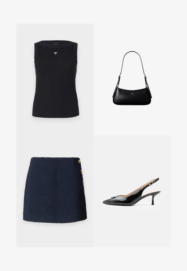 Zwarte mouwloze top van katoen, met een boot hals en een klein kristallen driehoekig logo op de borst. Glad materiaal.; Donkerblauwe textuur mini-jurk met drie decoratieve gouden knopen aan de zijkant.; Zwarte lakleren slingback hak met spitse neus, kleine kittenhak en zilveren gespsluiting op een effen witte achtergrond.; Zwarte leren mini schoudertas met een dun riempje en klein goudkleurig CK-logo aan de voorkant in het midden.