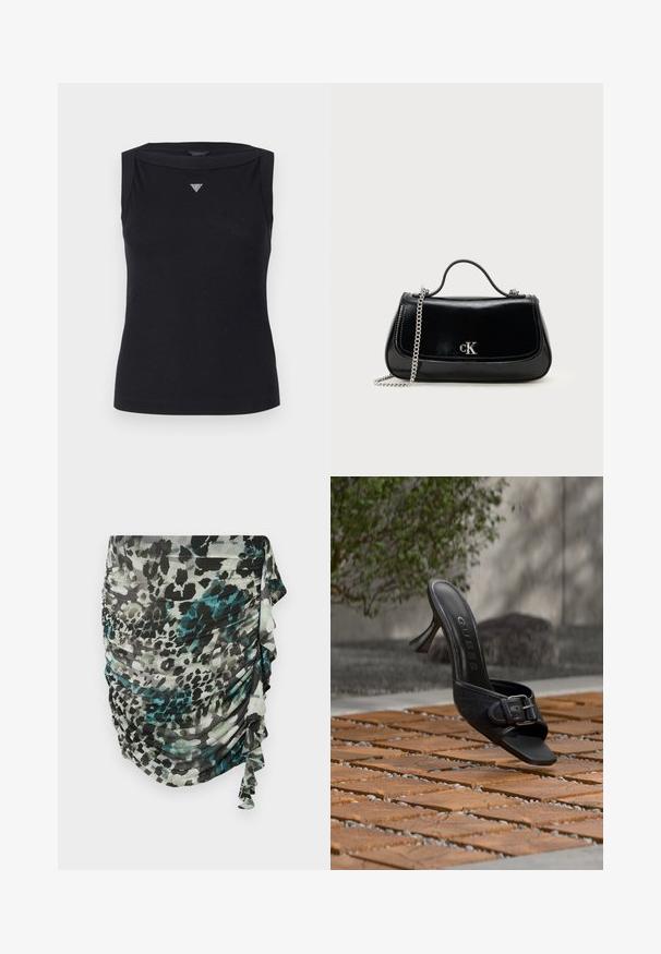 Top negro sin mangas de algodón, con escote barco y un pequeño logo triangular de cristal en el pecho. Textura suave.; Falda ligera con frunces en tonos de verde, negro y gris, con un estampado de leopardo y detalles de volantes a lo largo del costado.; Mule negro de tacón alto con detalle de hebilla, logotipo "GUESS" en la plantilla, flotando sobre suelo de baldosas de madera al aire libre con fondo de vegetación desenfocado.; Bolso de mano de cuero negro con correa de cadena, forma estructurada y un acento de logo plateado. Textura suave con cierre de solapa.