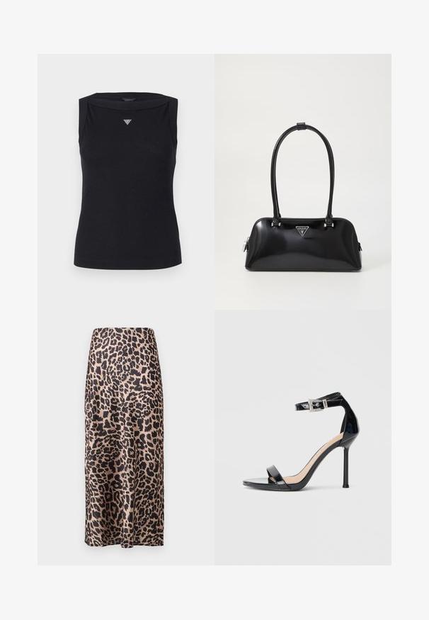 Sort ærmeløs top lavet af bomuld, med bådudskæring og et lille krystal trekantlogo på brystet. Glat tekstur.; Leopardprint satin nederdel med høj talje, knælang silhuet, blank tekstur og en flydende design.; Sort højhælet sandal i laklæder med ankelrem. Har minimalistisk design, åben tå og spænde med rhinsten-detaljer.; Sort glanshandtaske med en buet silhuet, to håndtag og en frontlogo-plakette. Lynlås lukning og skinnende hardware-detaljer.