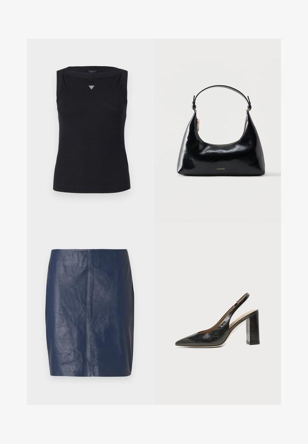 Zwarte mouwloze top van katoen, met een boot hals en een klein kristallen driehoekig logo op de borst. Glad materiaal.; Minirok van navyblauw leer met een gladde textuur, rechte snit en minimale stikdetails aan de zijkanten.; Zwarte leren slingback schoen met spits toelopend neusje, hoge blokhak en beige binnenvoering tegen een effen lichte achtergrond.; Zwarte glanzende Calvin Klein handtas met gouden rits en korte band tegen een effen witte achtergrond.