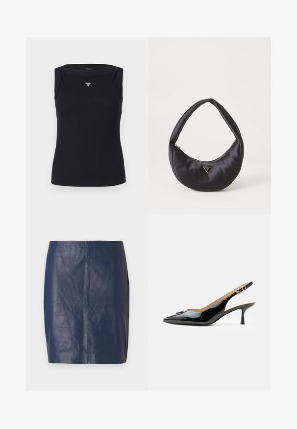Zwarte mouwloze top van katoen, met een boot hals en een klein kristallen driehoekig logo op de borst. Glad materiaal.; Minirok van navyblauw leer met een gladde textuur, rechte snit en minimale stikdetails aan de zijkanten.; Zwarte lakleren slingback hak met spitse neus, kleine kittenhak en zilveren gespsluiting op een effen witte achtergrond.; Zwarte satin handtas met een gebogen vorm, voorzien van een ritssluiting en een driehoekig metalen logo aan de voorkant. Gladde textuur en een slank ontwerp.