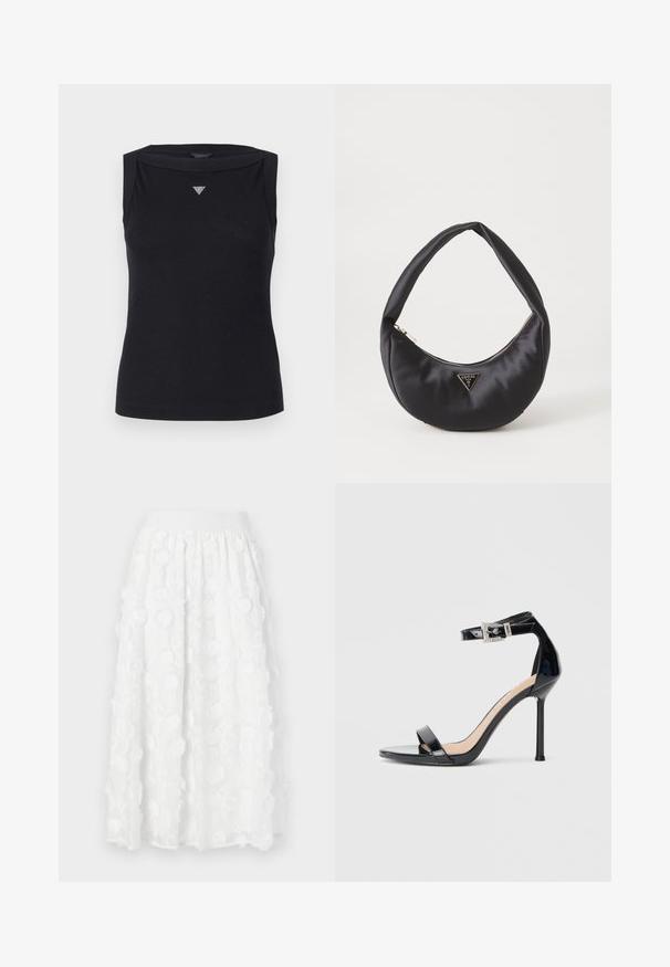 Débardeur noir sans manches en coton, avec un col bateau et un petit logo triangulaire en cristal sur la poitrine. Texture lisse.; Jupe midi blanche avec taille froncée, décorée d'appliques florales texturées et d'un tissu transparent en superposition.; Sandale à talon haut en cuir verni noir avec bride à la cheville. Présente un design minimaliste, un bout ouvert et une boucle ornée de strass.; Sac à main en satin noir avec une forme courbée, doté d'une fermeture à glissière et d'un logo triangulaire en métal à l'avant. Texture lisse et design épuré.