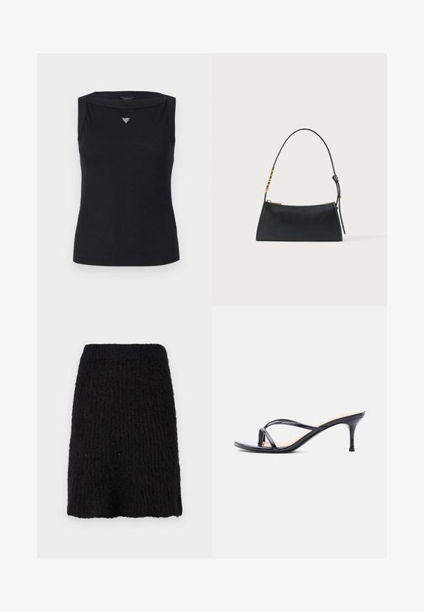 Top negro sin mangas de algodón, con escote barco y un pequeño logo triangular de cristal en el pecho. Textura suave.; Falda de punto negra con un patrón texturizado, de longitud media y cinturilla ancha. El material parece suave con una superficie ligeramente peluda.; Sandalia de tacón de charol negro con tiras finas cruzadas y un tacón de aguja delgado de altura media, sobre un fondo blanco.; Bolso de mano de cuero negro con cremallera dorada y correa ajustable con detalles rectangulares dorados sobre un fondo blanco.